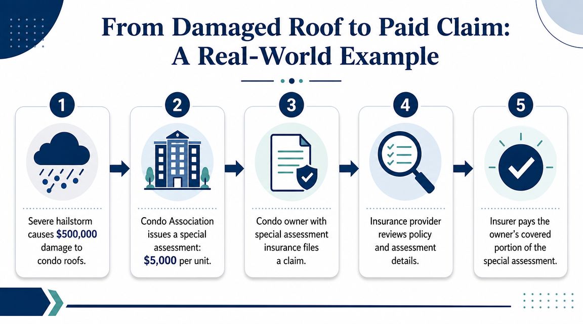 A five-step infographic showing how a condo owner claims insurance for a special assessment after hail damage.
