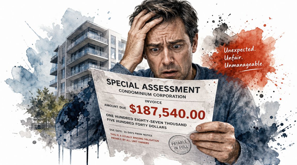 A distressed man looking at a large condominium special assessment invoice with a $187,540 amount due.