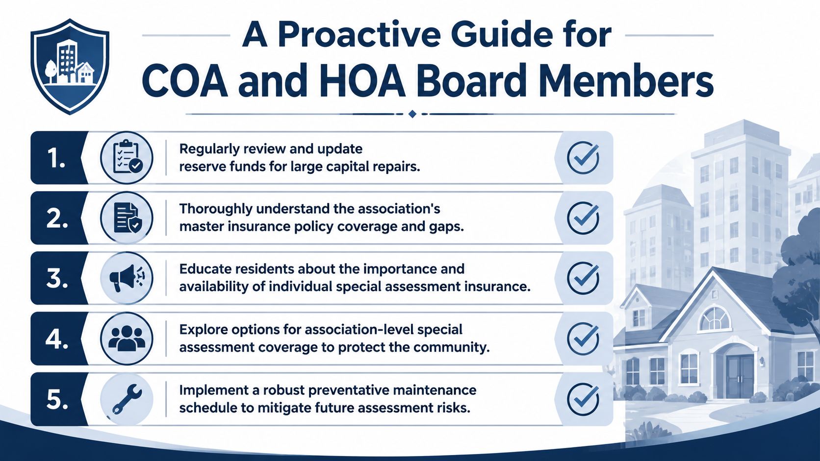 A proactive guide for COA and HOA board members featuring five essential tips for property management.