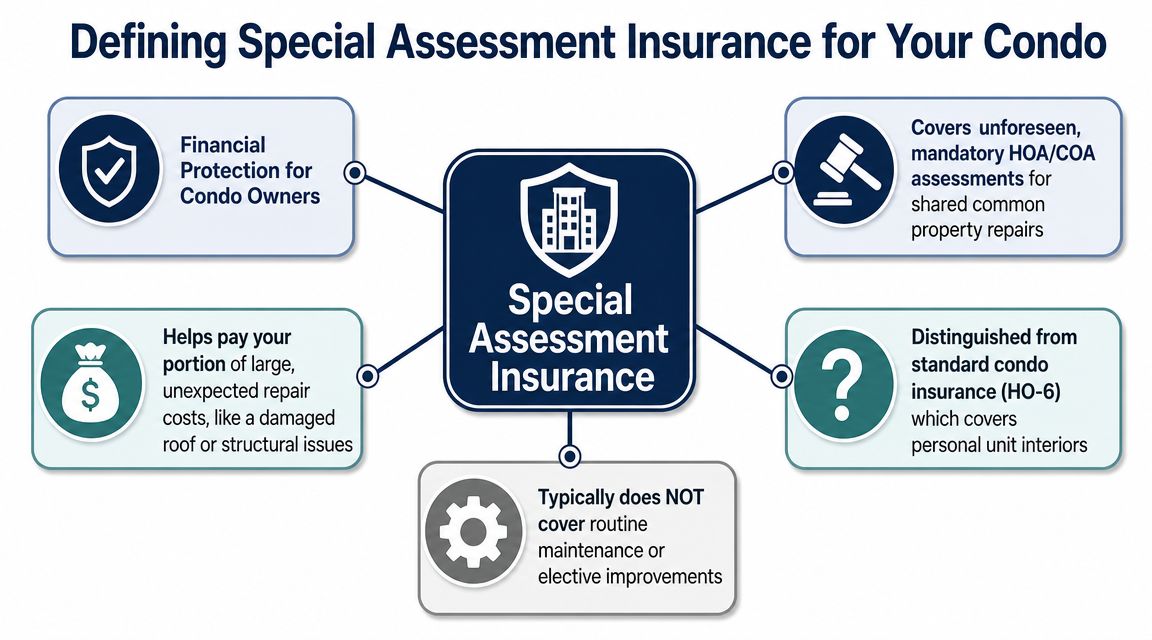 A diagram defining special assessment insurance for condo owners, highlighting coverage for repairs and unexpected costs.