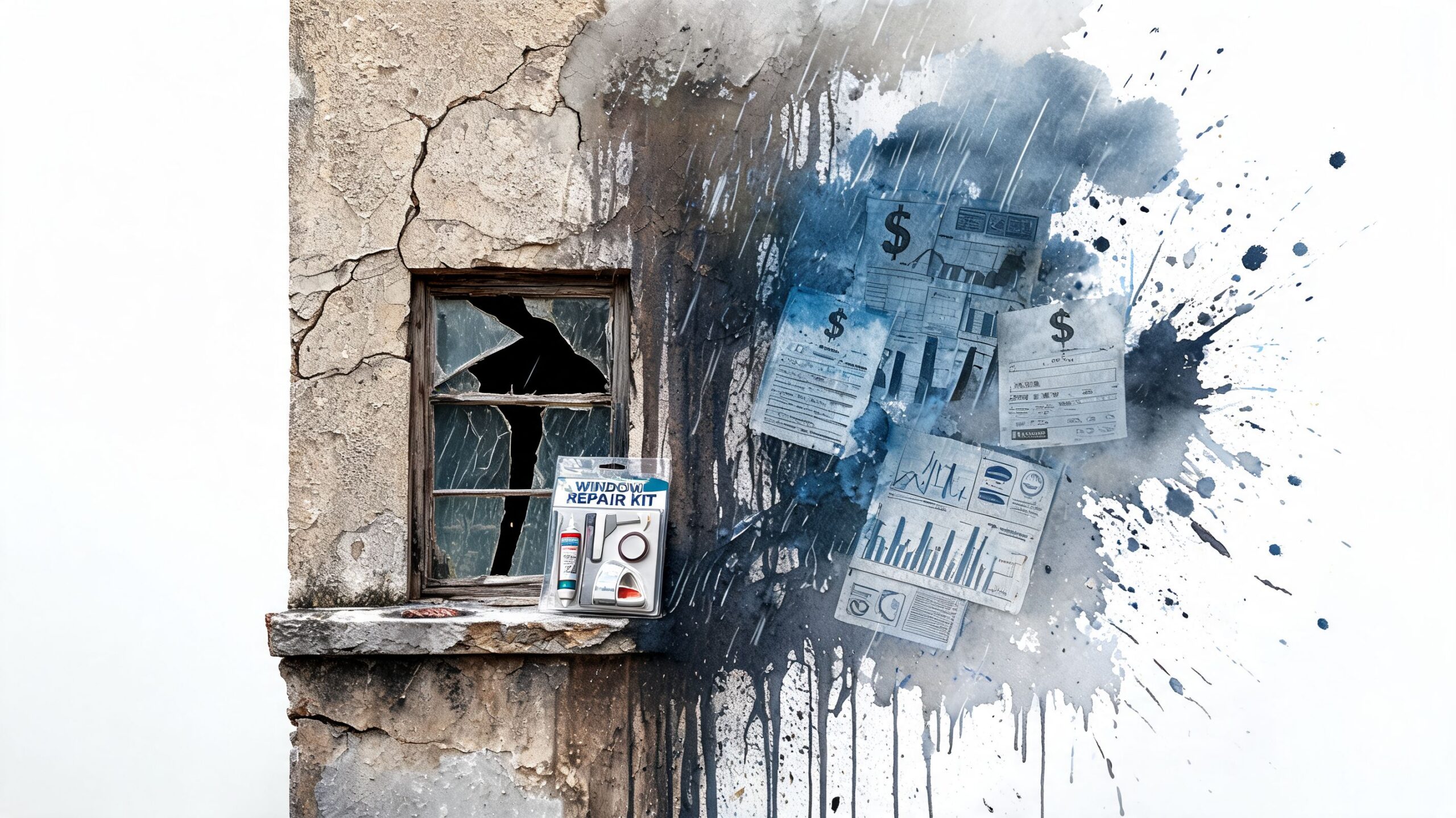 A broken window on a crumbling building next to financial documents with dollar signs amidst storm imagery.