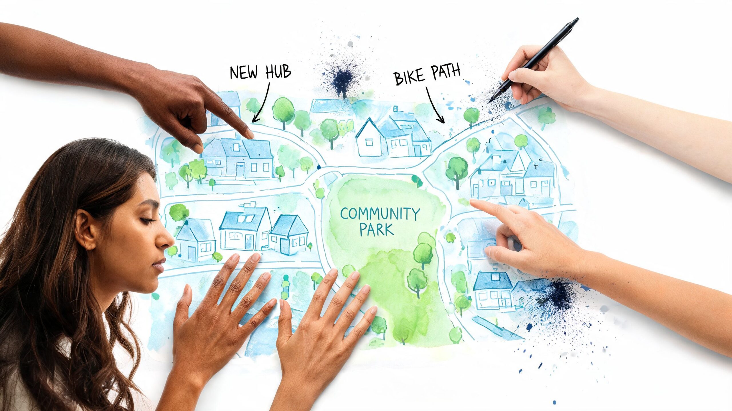 A diverse group of people collaborating on a hand-drawn real estate map of a community neighborhood.