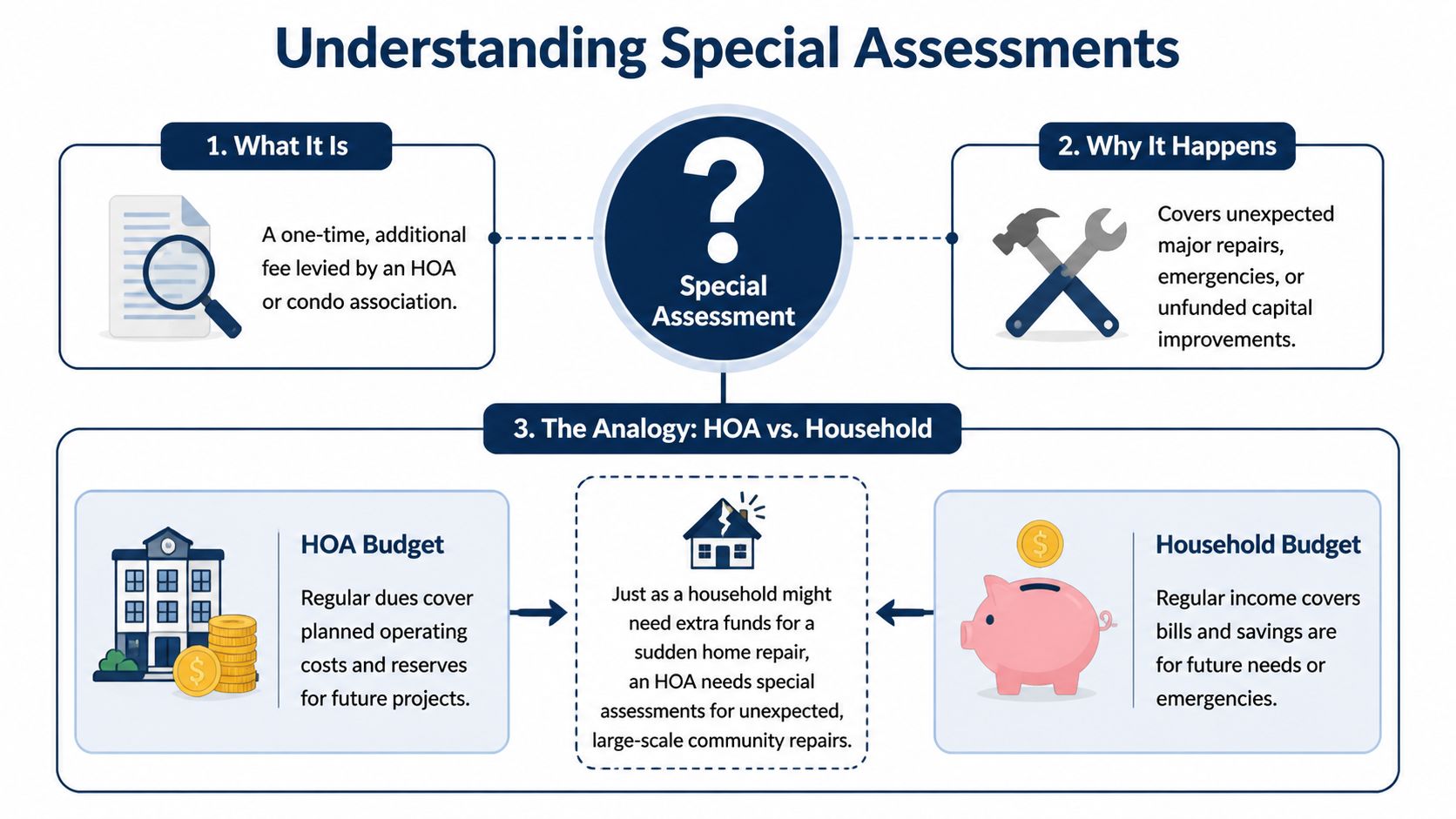 An infographic explaining special assessments, including their definition, purpose, and a comparison to household budgeting.