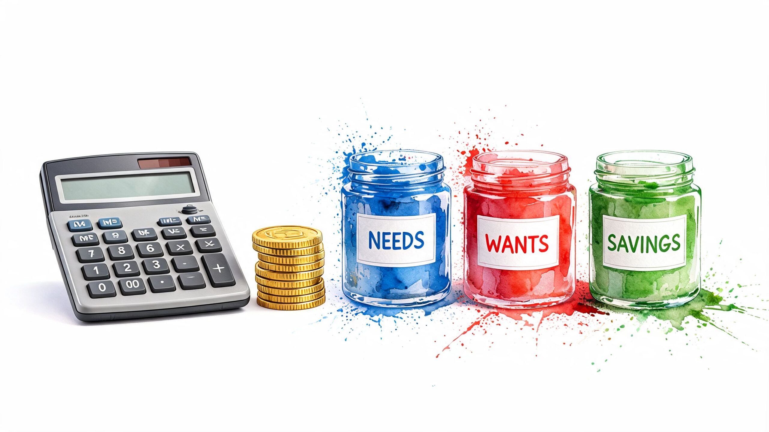 A calculator, a stack of gold coins, and three watercolor jars labeled Needs, Wants, and Savings.
