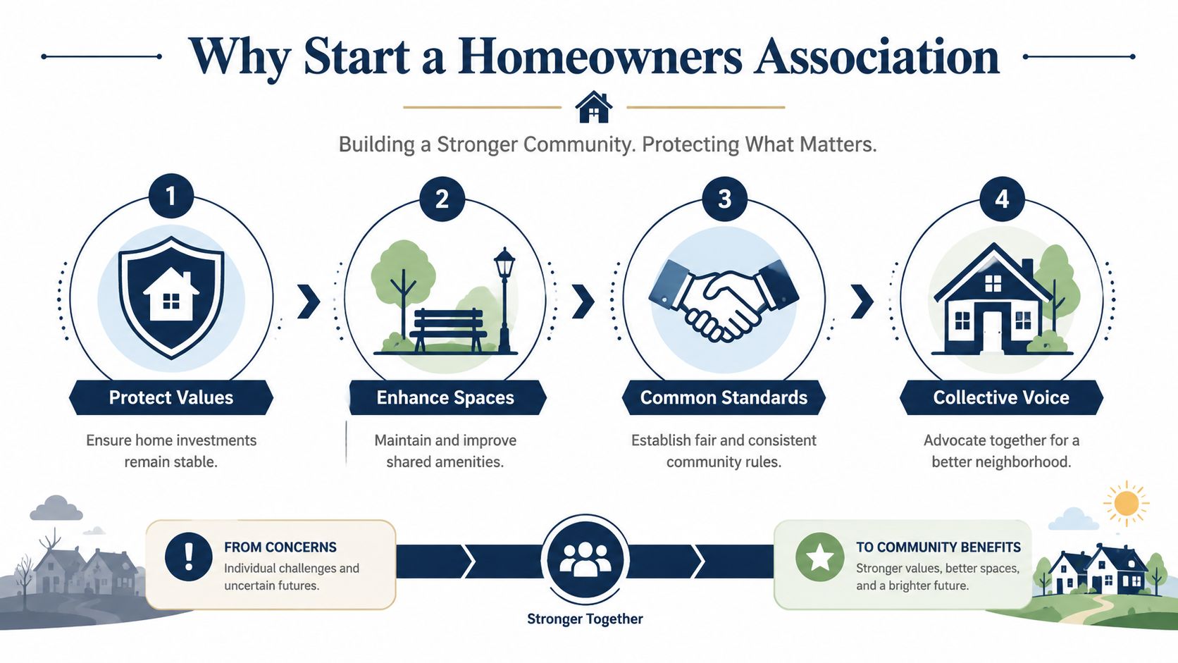 An infographic titled Why Start a Homeowners Association showing four key benefits for community development and improvement.