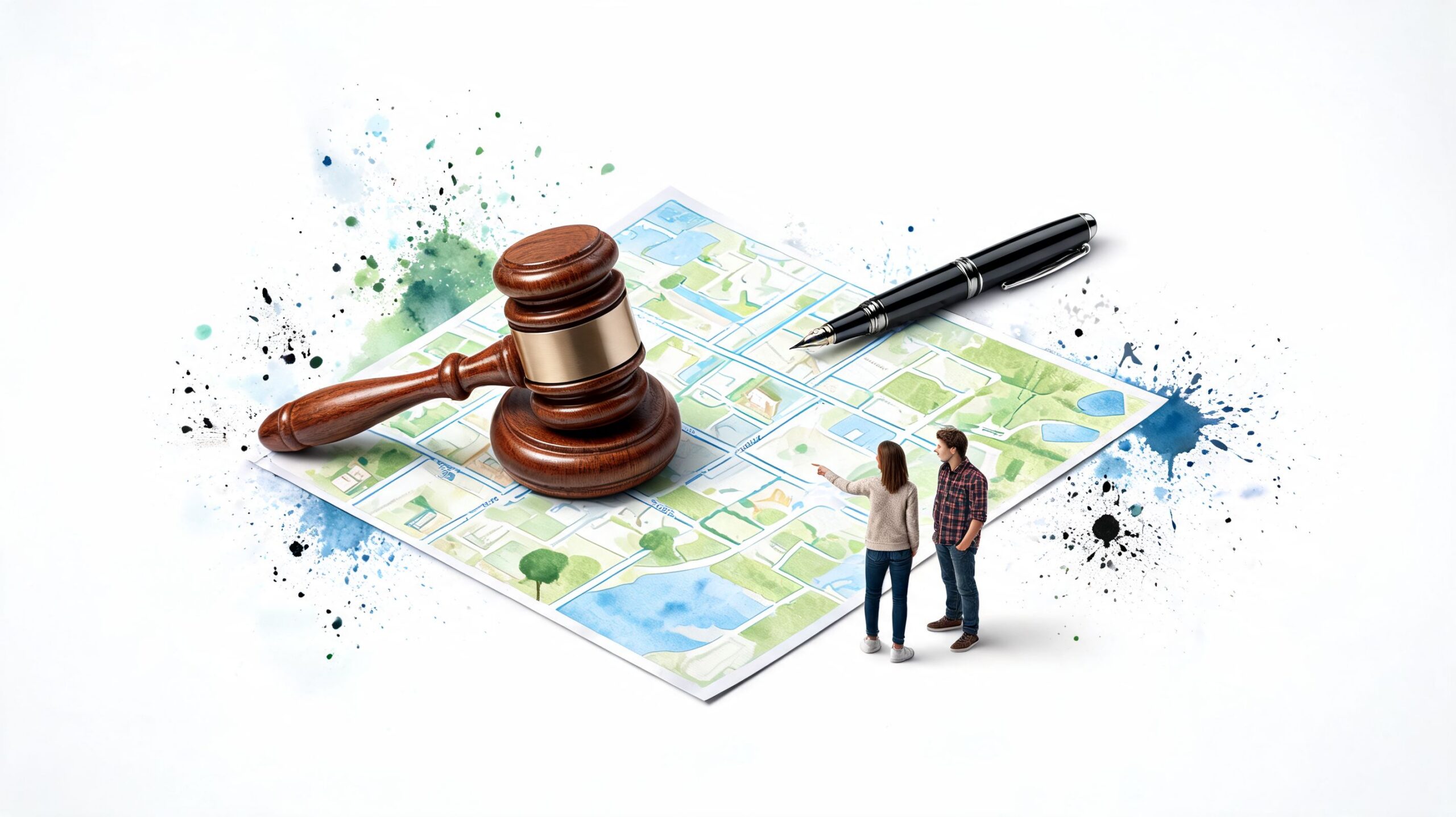 A gavel and pen on a map with a couple looking at it, symbolizing community planning.