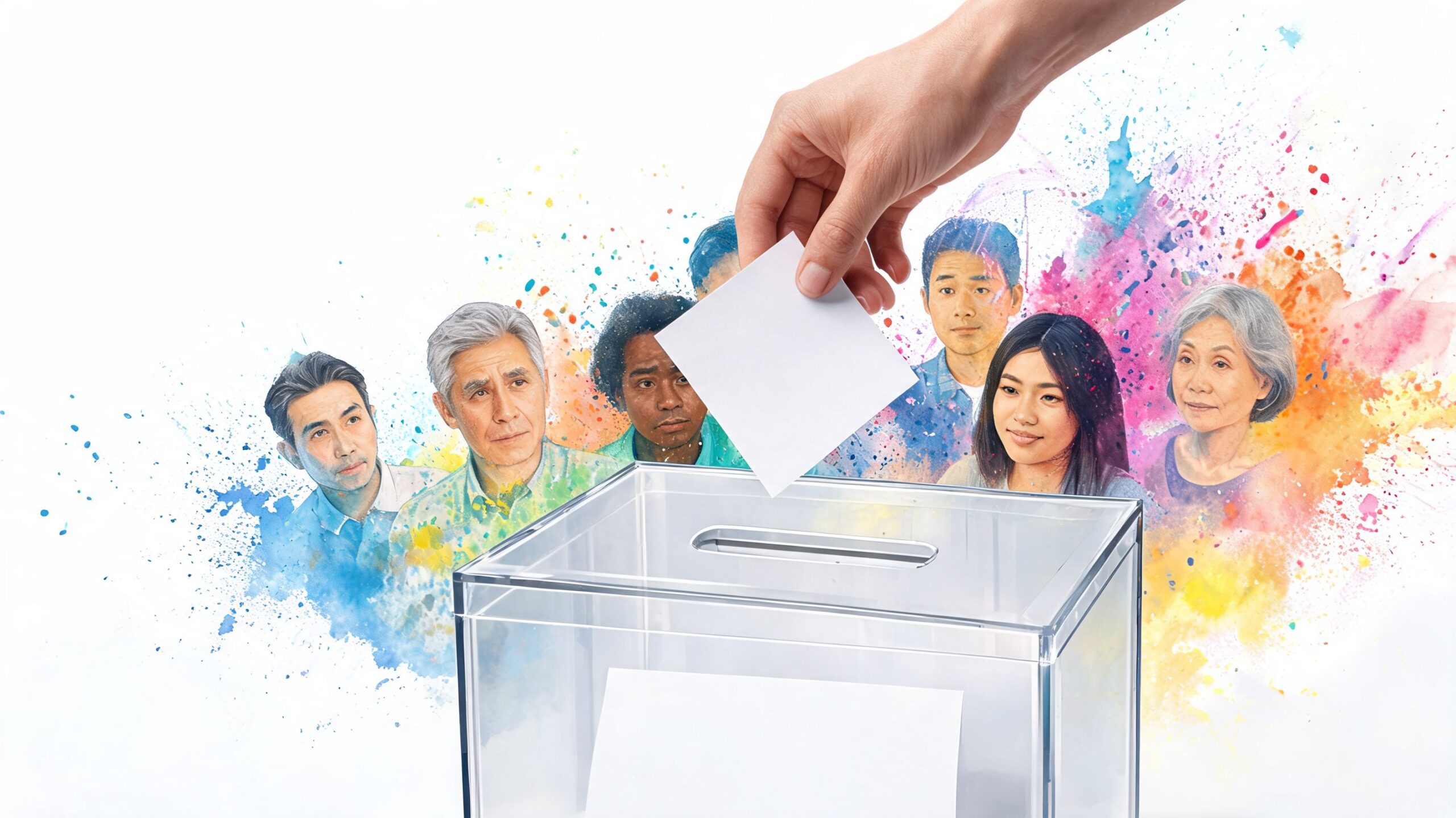 A hand placing a blank paper ballot into a transparent voting box, representing diverse voter participation.