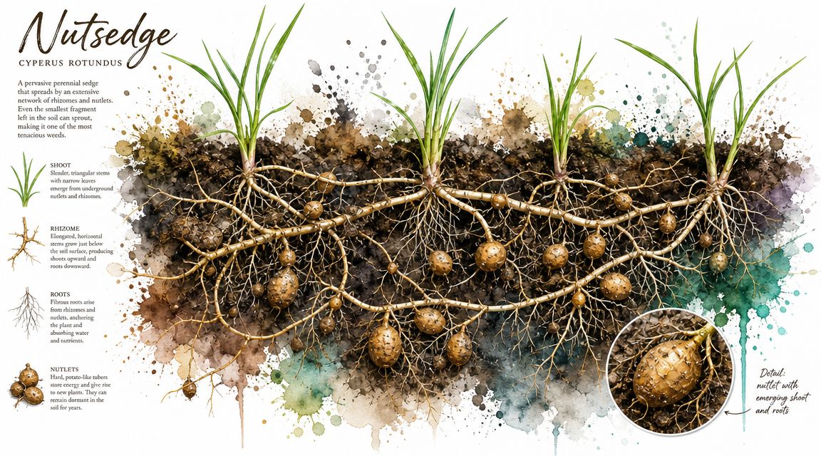 An educational infographic illustration showing the underground root, rhizome, and nutlet structure of a nutsedge plant.