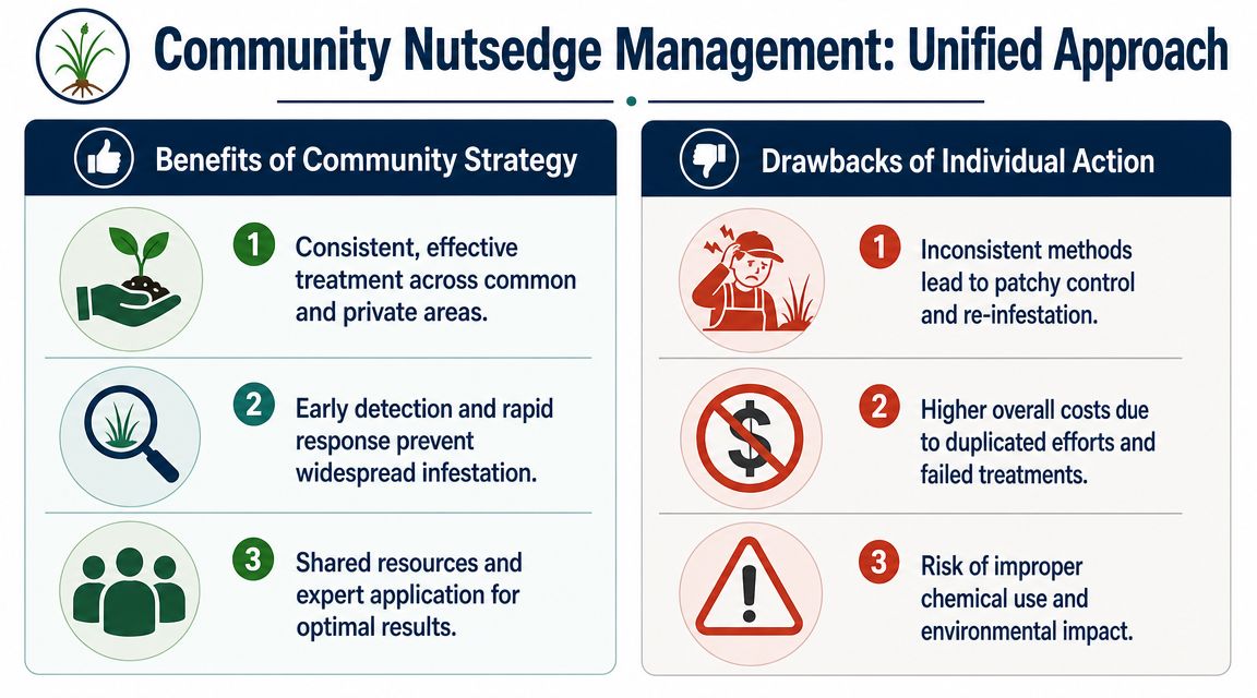 A comparison chart showing the benefits of community-based versus individual approaches to managing nutsedge weed infestations.