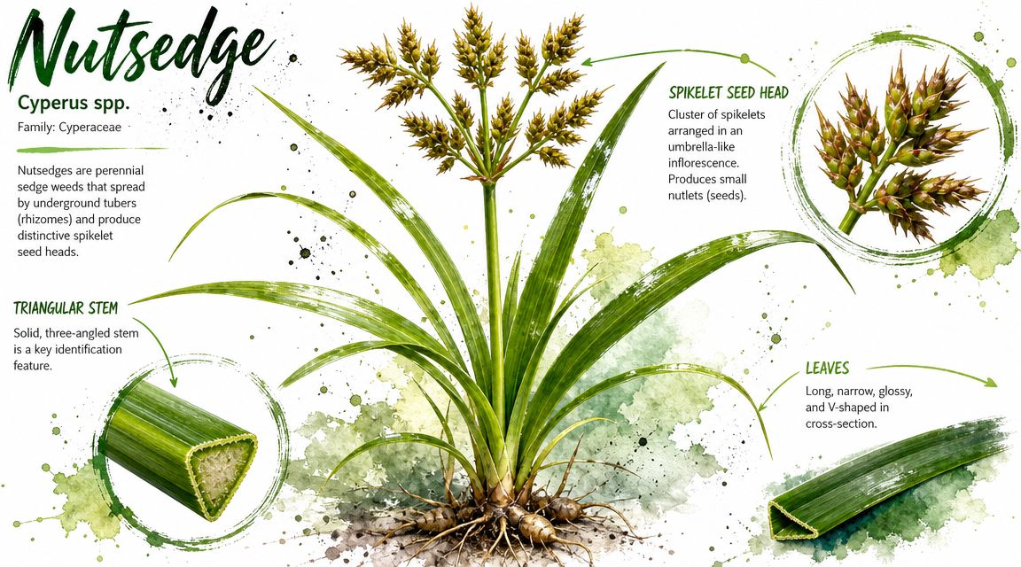 An educational botanical illustration showing the physical features of a nutsedge weed including stems and seed heads.
