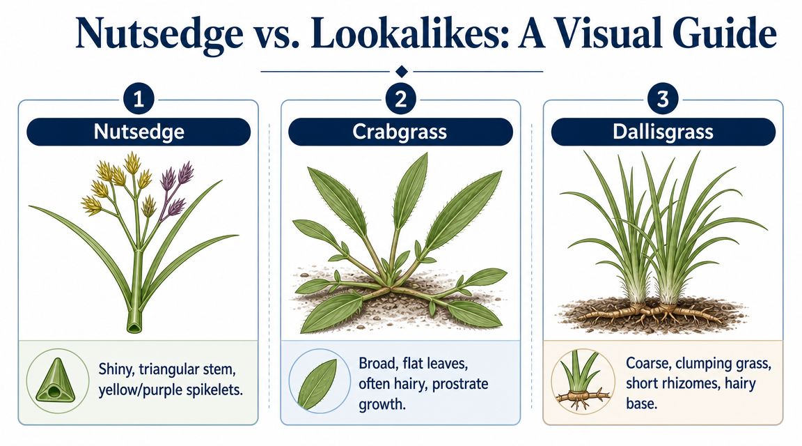 A visual guide comparing common lawn weeds: Nutsedge, Crabgrass, and Dallisgrass with their identifying physical characteristics.