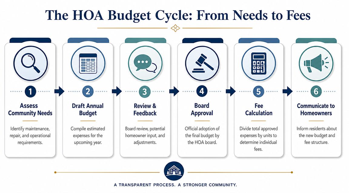 A six-step infographic illustrating the Homeowners Association budget cycle process from assessing needs to communicating fees.