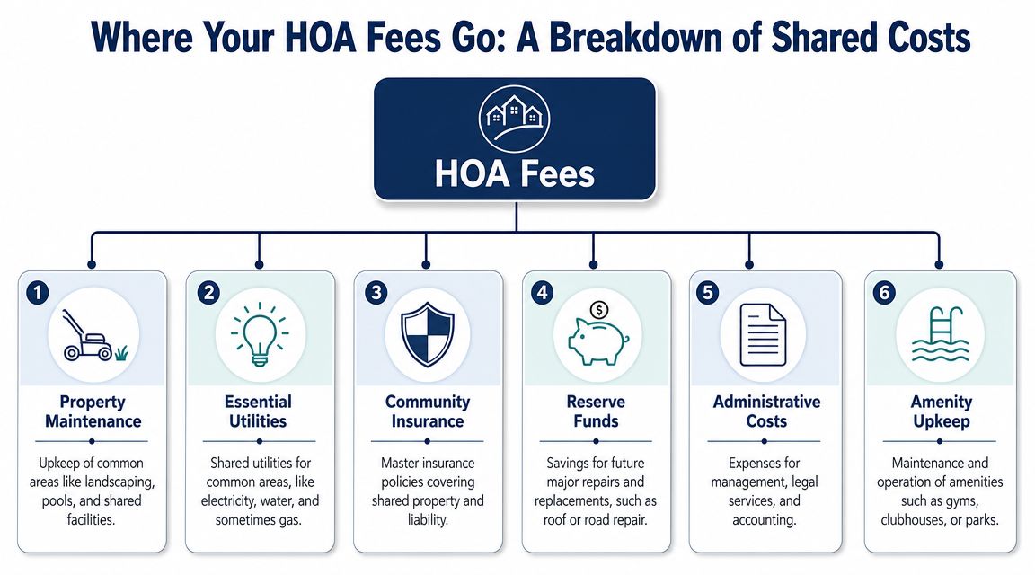 A flowchart infographic detailing six key categories where HOA fees are spent, including maintenance, utilities, and insurance.