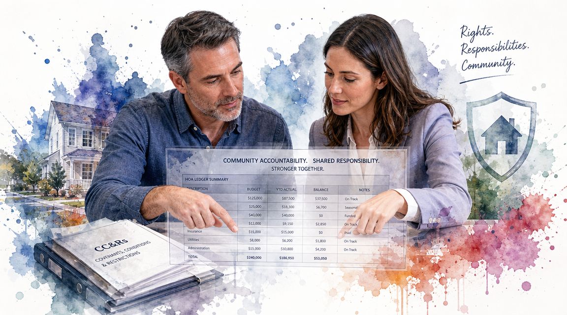 A man and woman reviewing a Homeowners Association ledger and CC&Rs document at a table together.