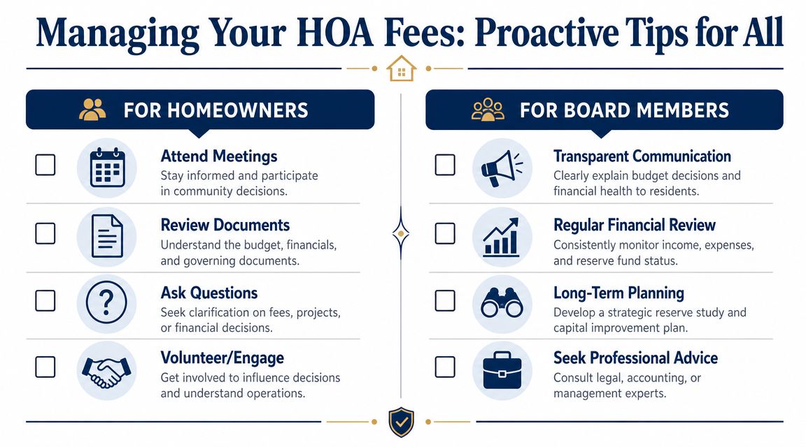 An infographic showing proactive tips for homeowners and board members to manage HOA fees effectively.
