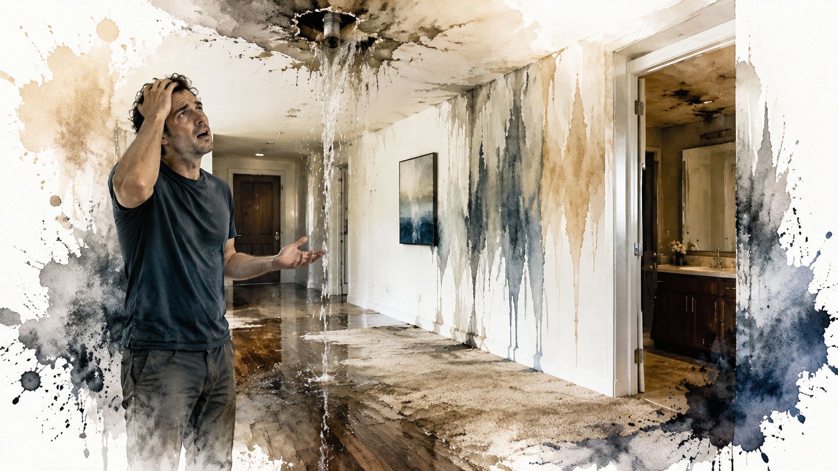 A distressed man standing in a hallway as water leaks heavily from a hole in the ceiling.