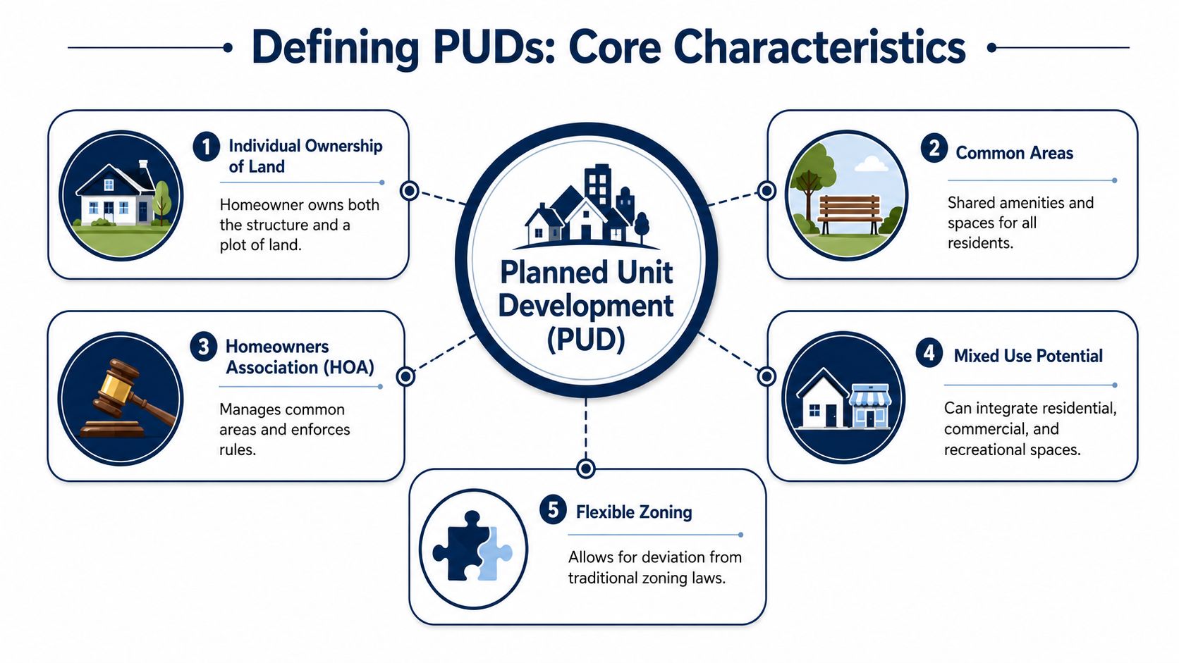 An infographic titled Defining PUDs illustrating the five core characteristics of a Planned Unit Development.
