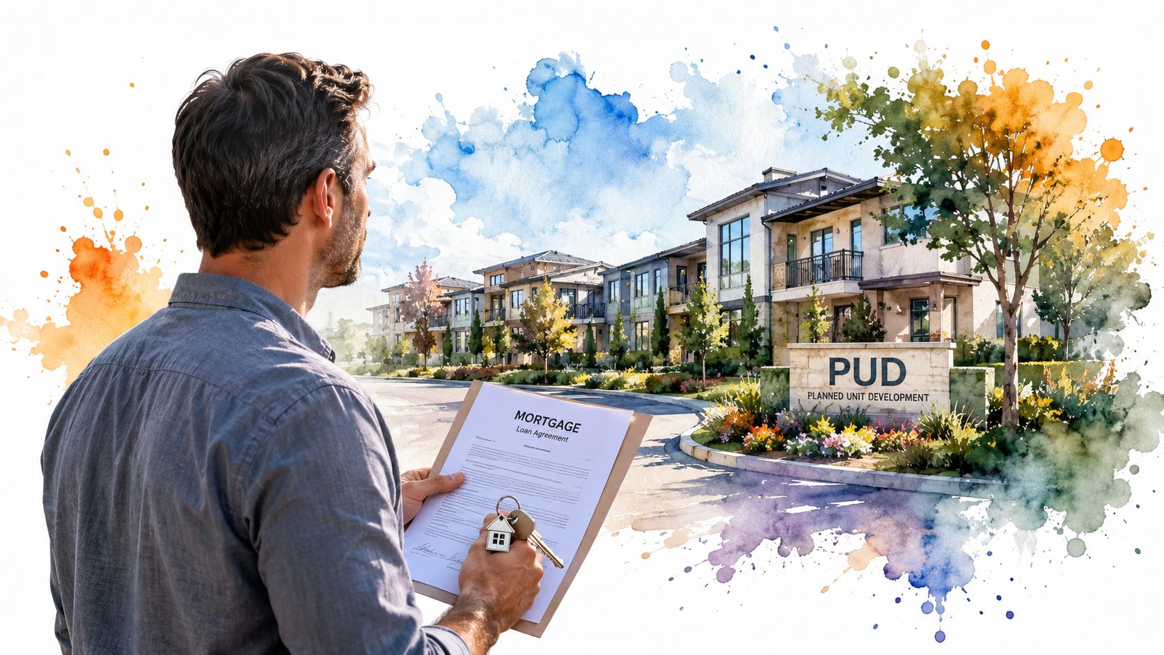 A man holding a mortgage agreement and house keys while looking at a residential housing development.