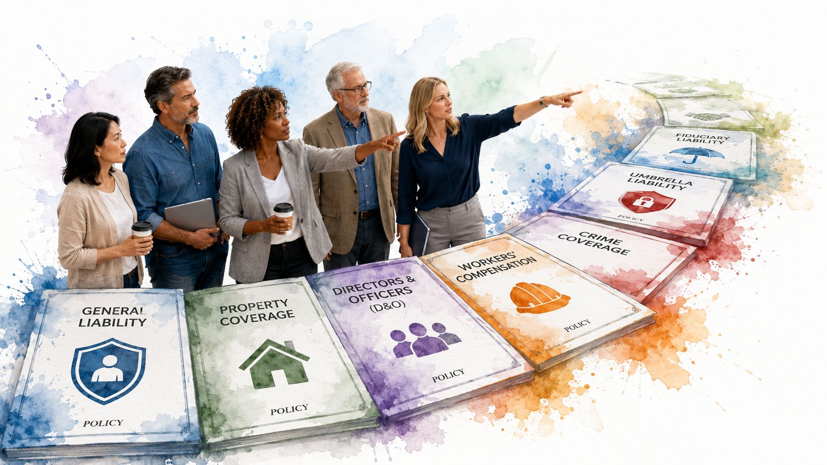 A professional team discussing a path of business insurance policy books in a conceptual office setting.