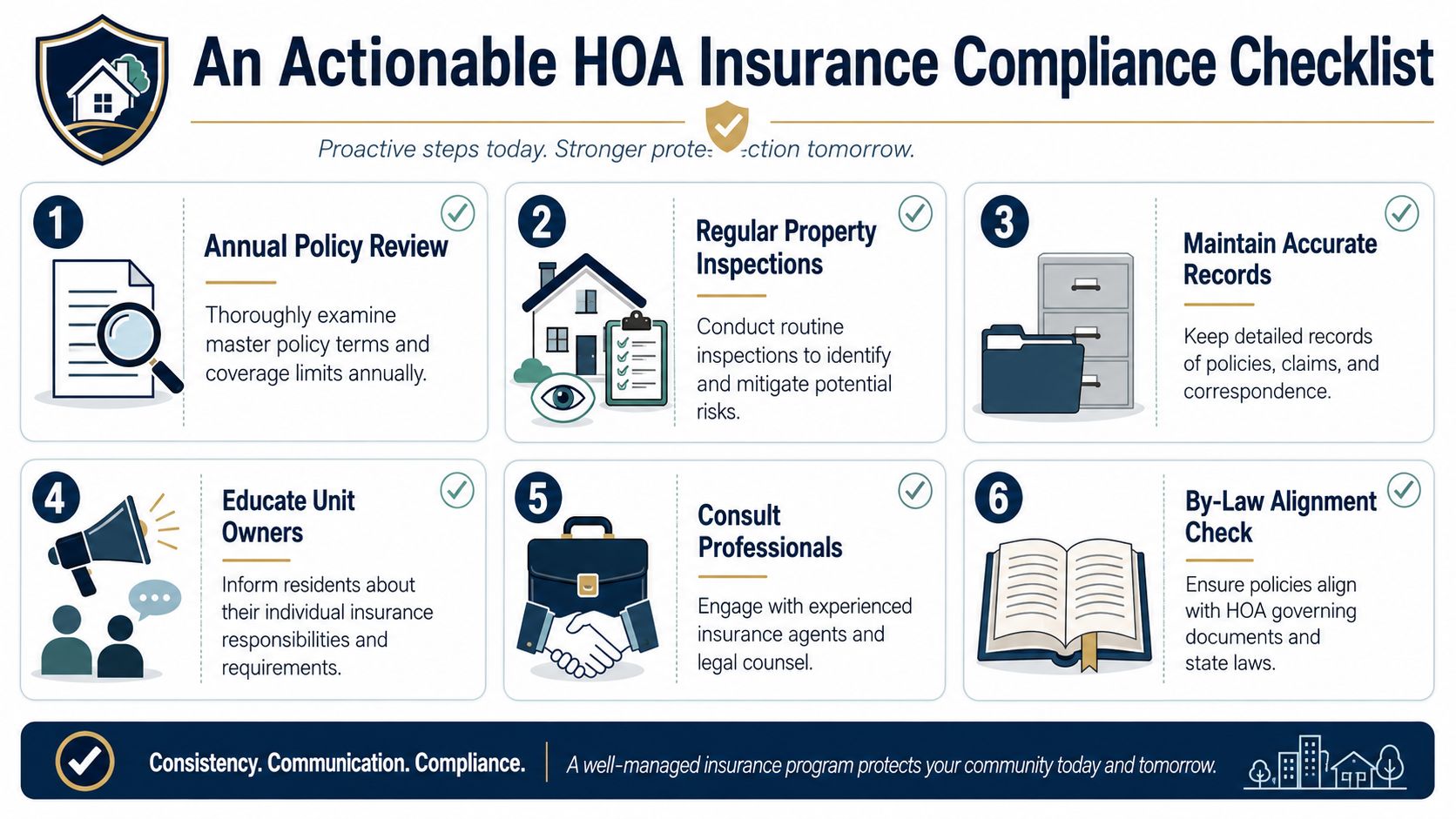 An infographic titled An Actionable HOA Insurance Compliance Checklist featuring six numbered steps for homeowner associations.