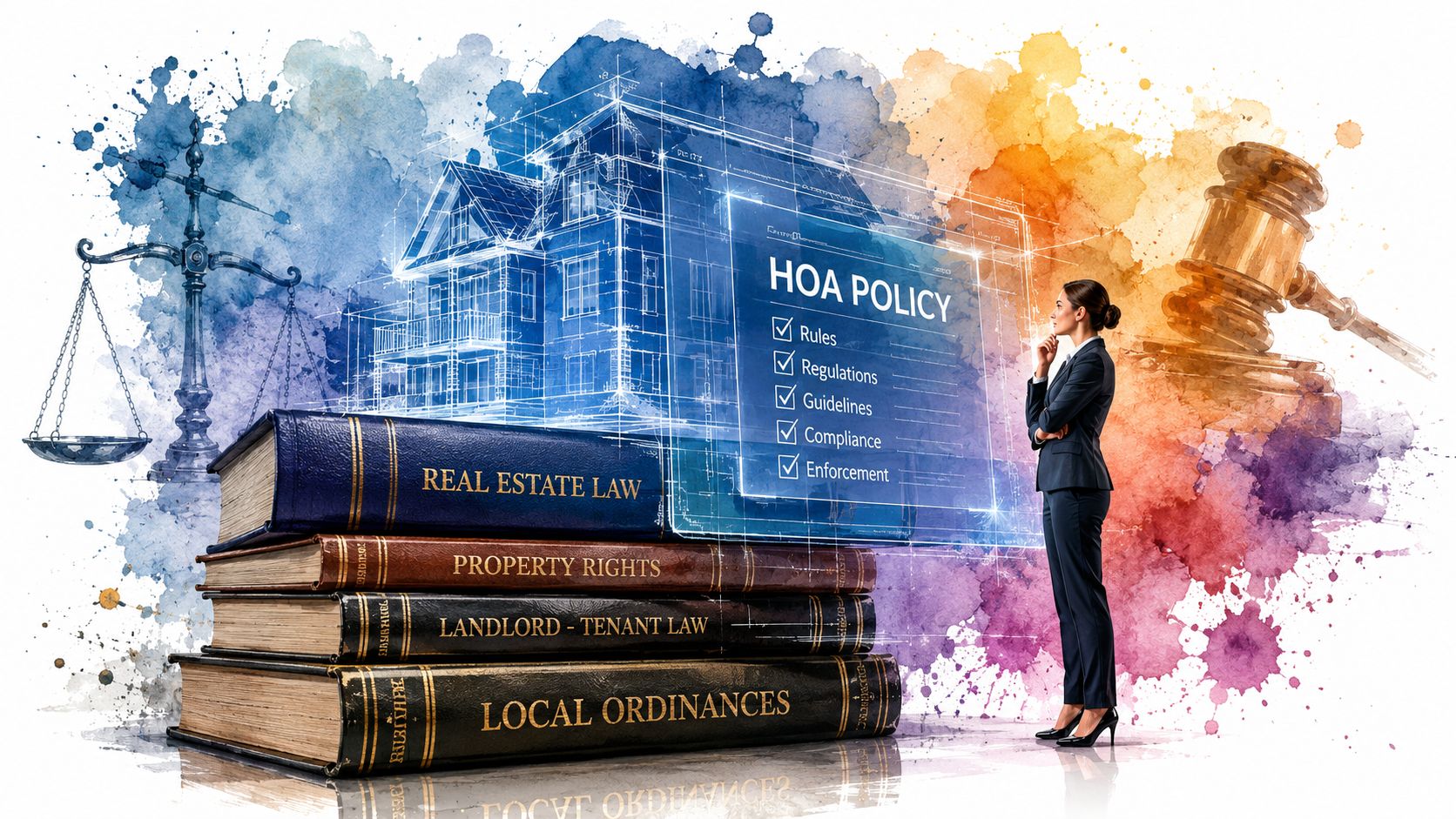 A professional woman examining a digital holographic display of HOA policies near legal books and symbols.