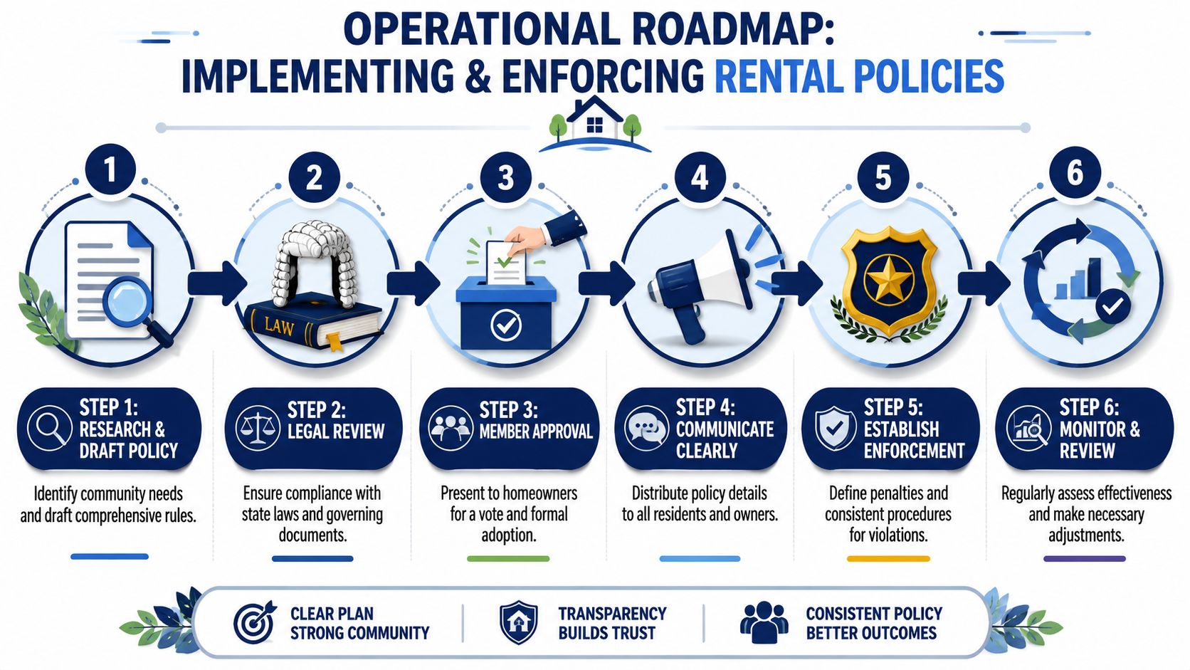 A six-step roadmap graphic illustrating the process of implementing and enforcing rental policies for community associations.