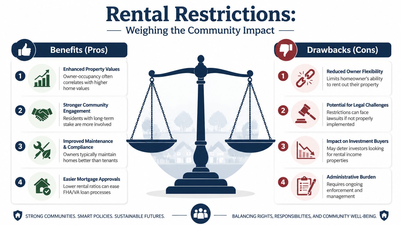 A balanced infographic comparing the benefits and drawbacks of community rental restrictions on a scale graphic.