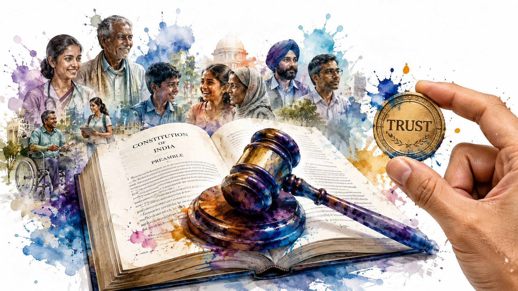 A watercolor illustration depicting the Indian Constitution, a judge's gavel, and diverse people holding a trust coin.
