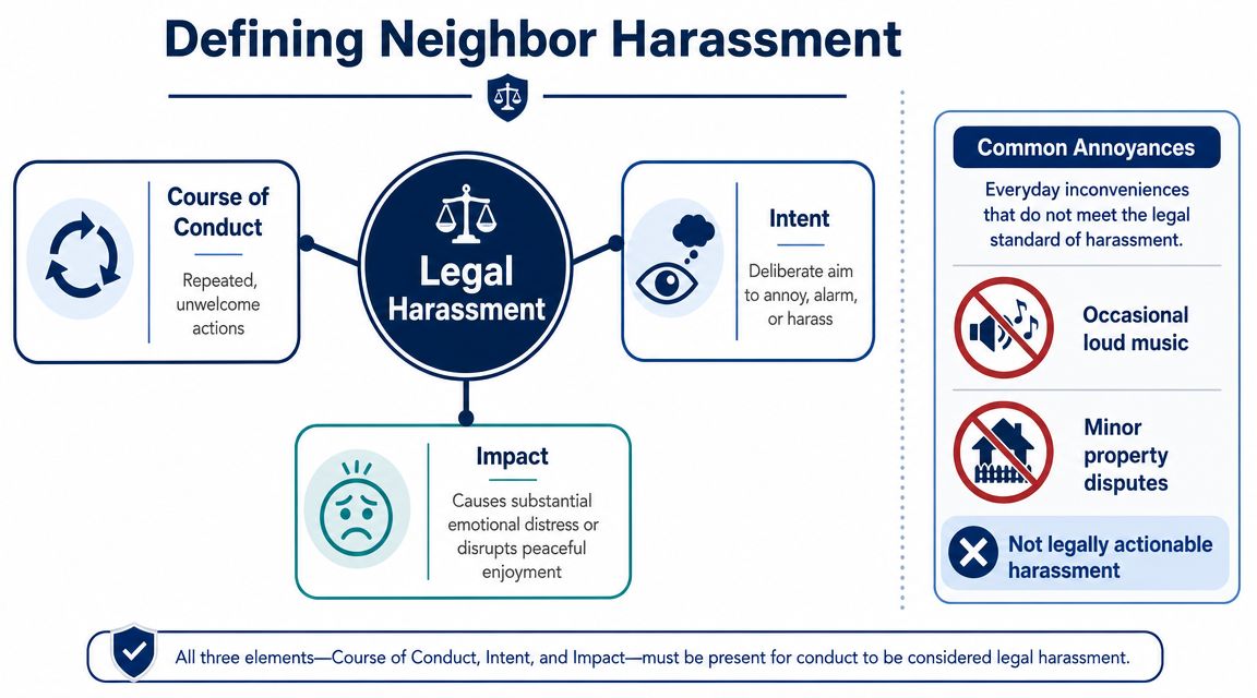 An infographic explaining the three legal elements required to define neighbor harassment: conduct, intent, and impact.