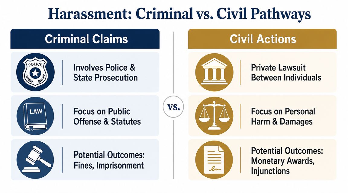 A comparison chart showing the differences between criminal harassment claims and civil harassment lawsuit pathways.