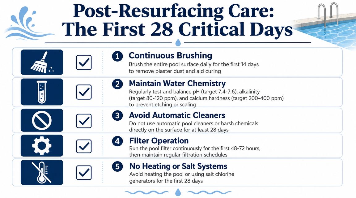 A guide listing five critical steps for pool maintenance during the first 28 days after resurfacing.