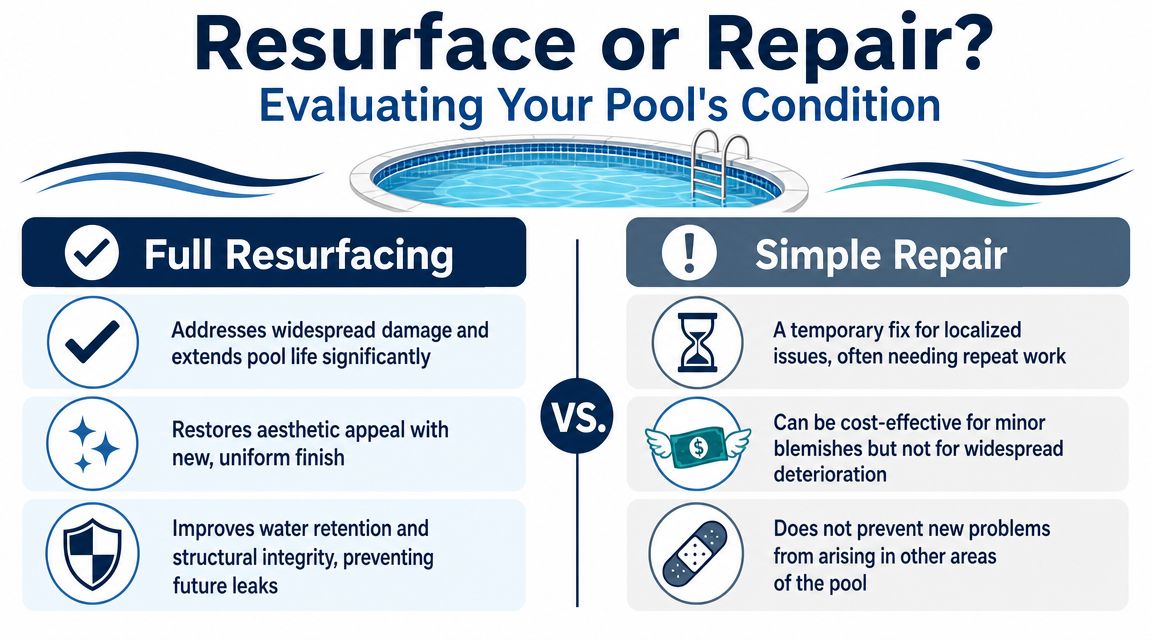 An infographic comparing the benefits of full pool resurfacing versus simple repairs for damaged swimming pools.