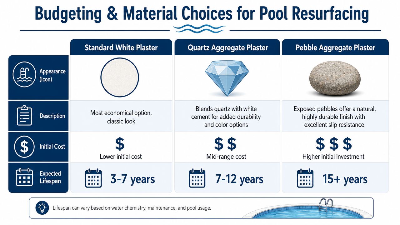 A comparison chart showing three types of pool resurfacing materials with their costs and expected lifespans.