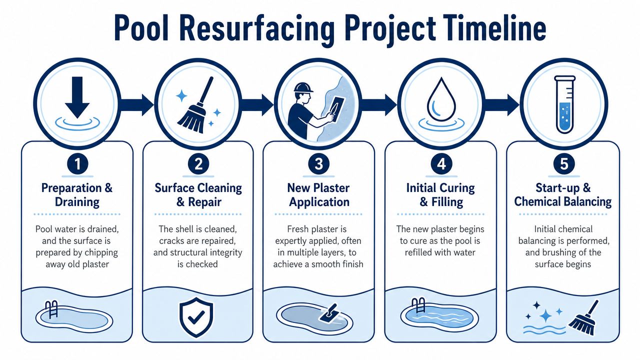 A 5-step infographic explaining the professional swimming pool resurfacing project timeline from preparation to final chemical balancing.