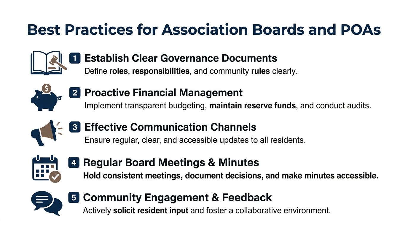 A list of five best practices for association boards and property owners associations including financial and communication tips.