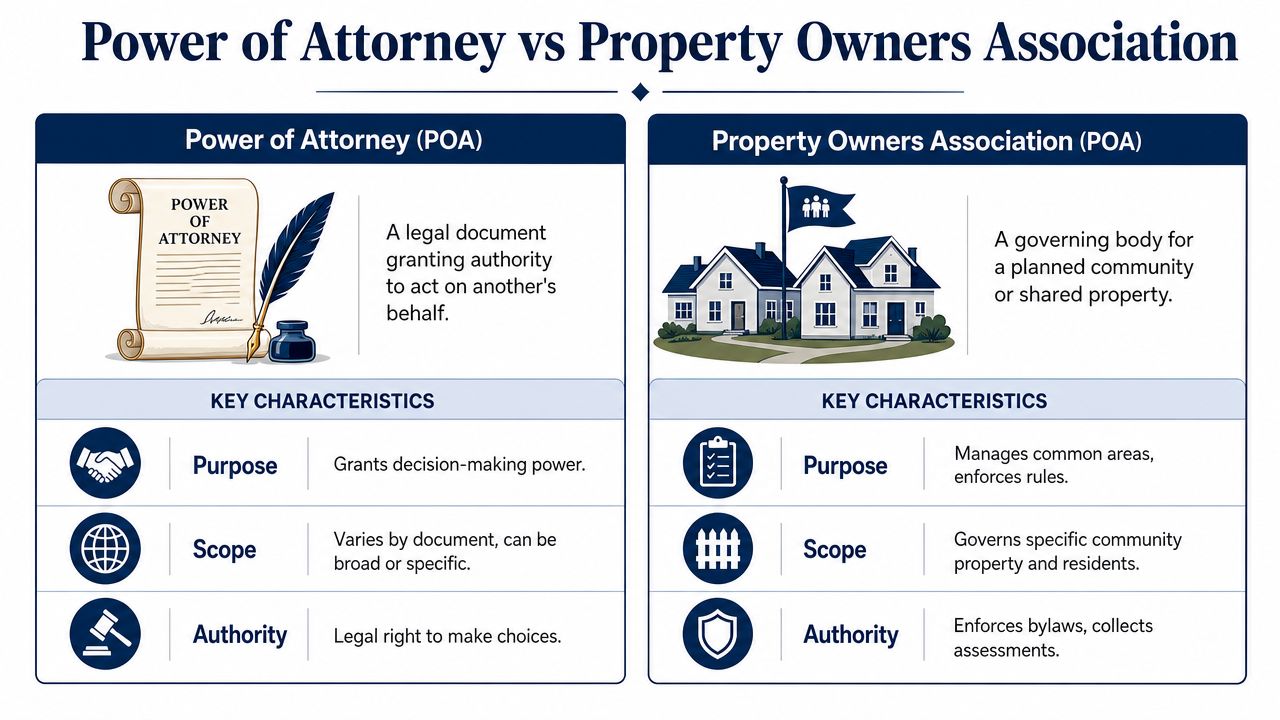 A comparison infographic between a Power of Attorney legal document and a Property Owners Association governing body.