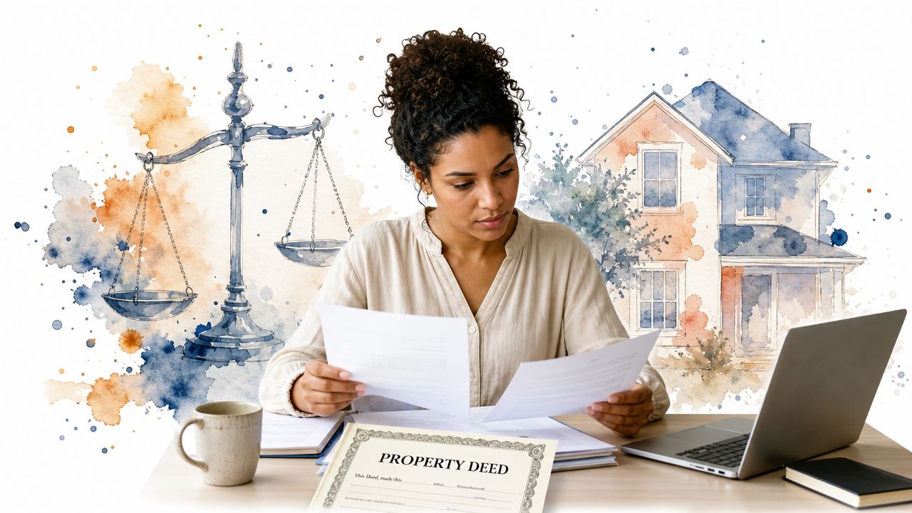 A woman reviewing legal property documents at her desk with symbols of justice and a house.