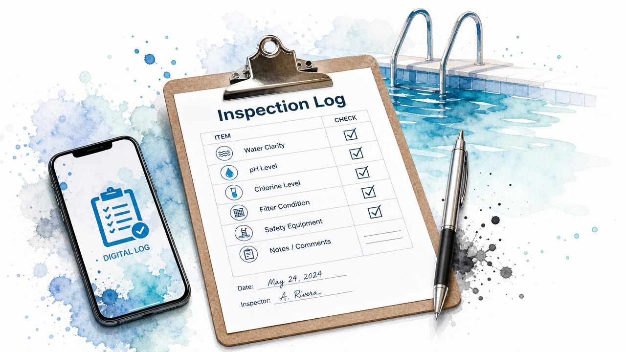 A digital smartphone app and a physical paper clipboard with a swimming pool inspection checklist.