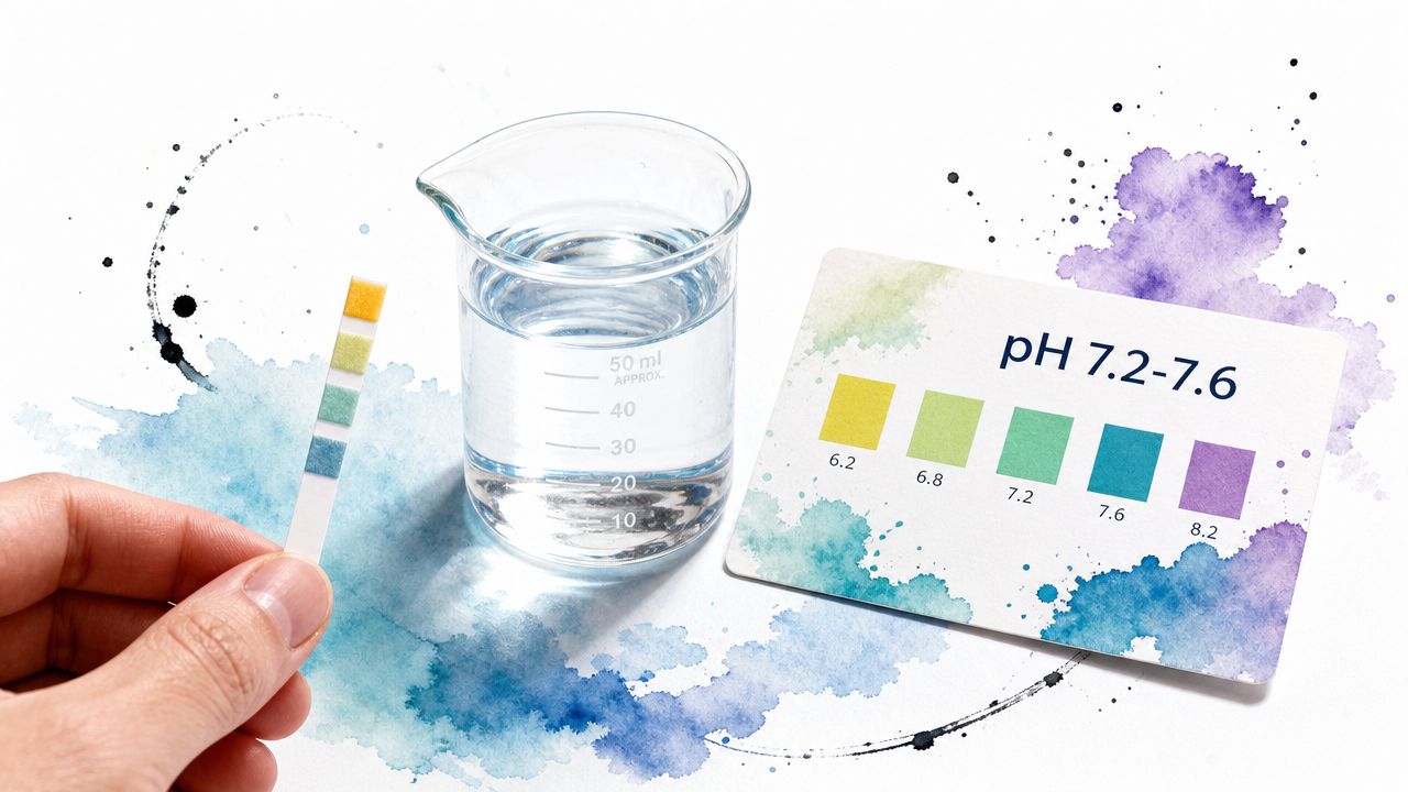 A hand holds a pH test strip next to a beaker of water and a color comparison chart.