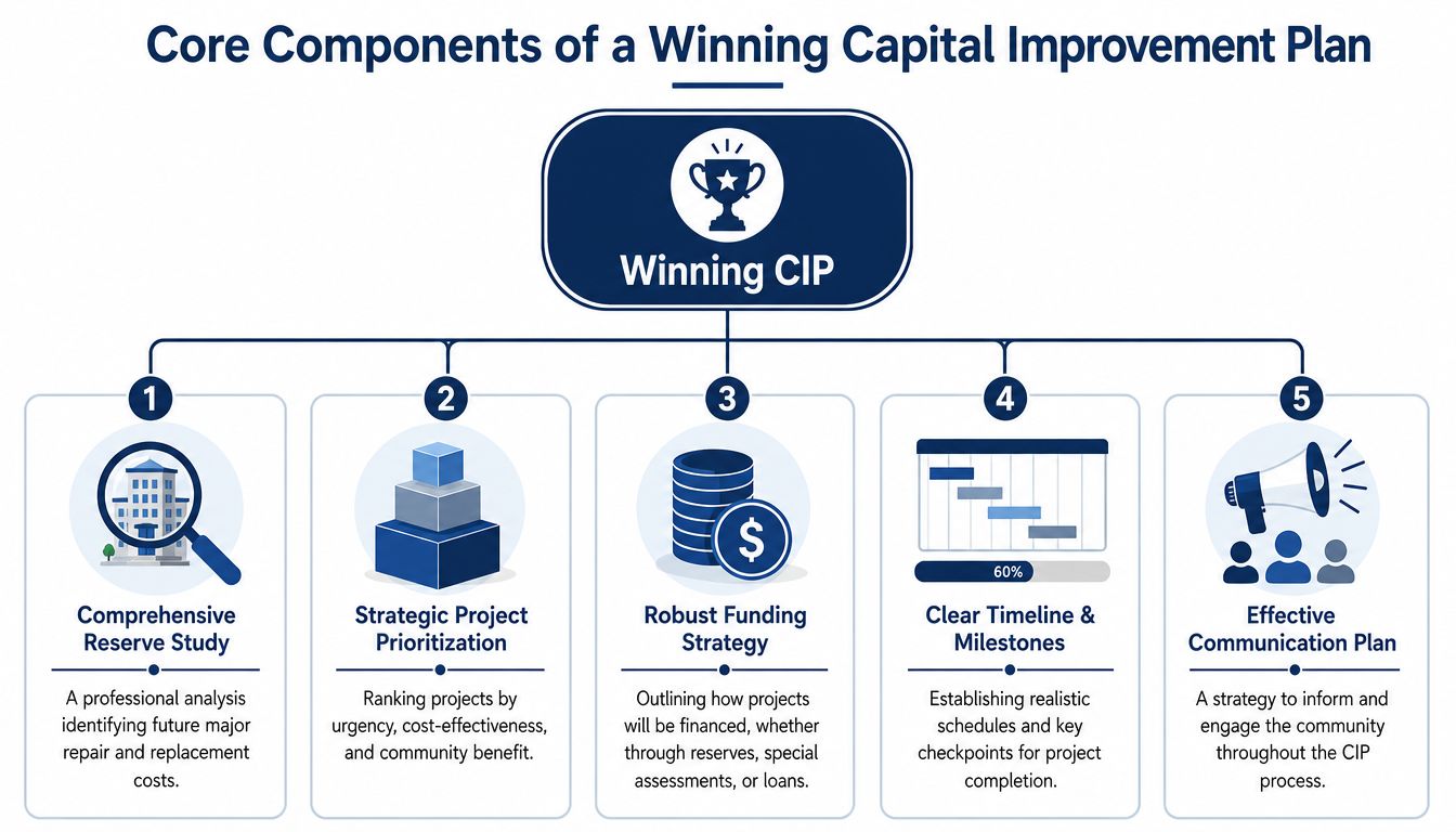 A diagram outlining the five core components needed to create a winning capital improvement plan for organizations.