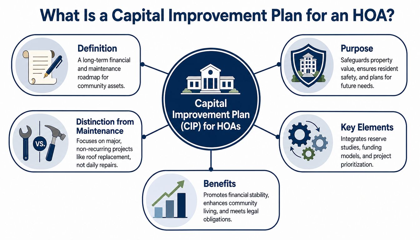 A diagram explaining what a Capital Improvement Plan for an HOA includes and its main benefits.