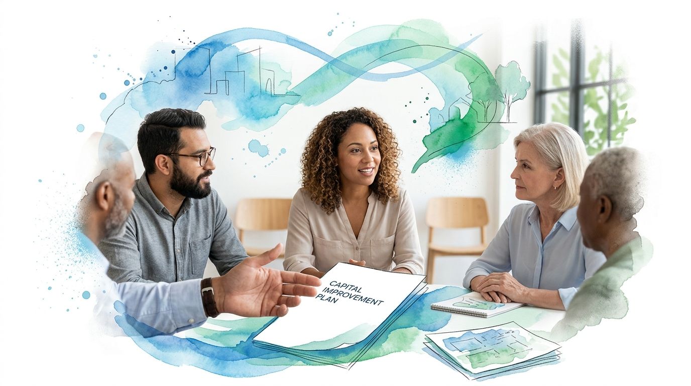 A diverse group of professionals collaborating in a meeting while reviewing a capital improvement plan document.