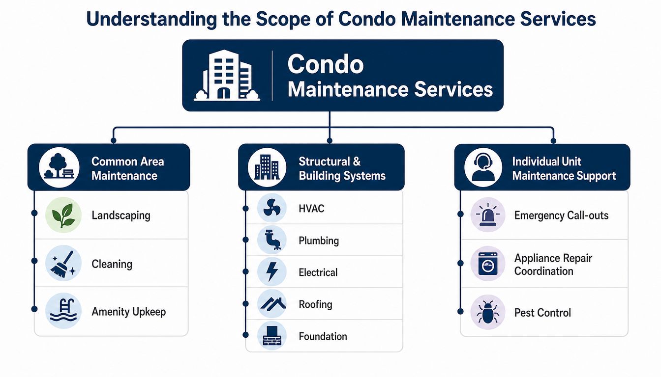 A flowchart infographic titled Understanding the Scope of Condo Maintenance Services detailing common, structural, and unit services.