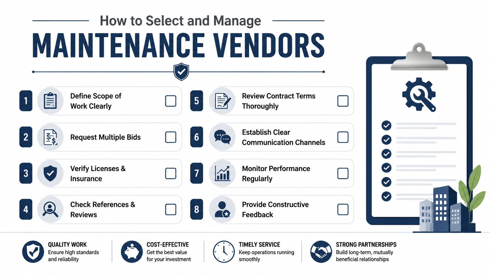 A professional infographic outlining eight key steps to select and manage building maintenance vendors effectively.