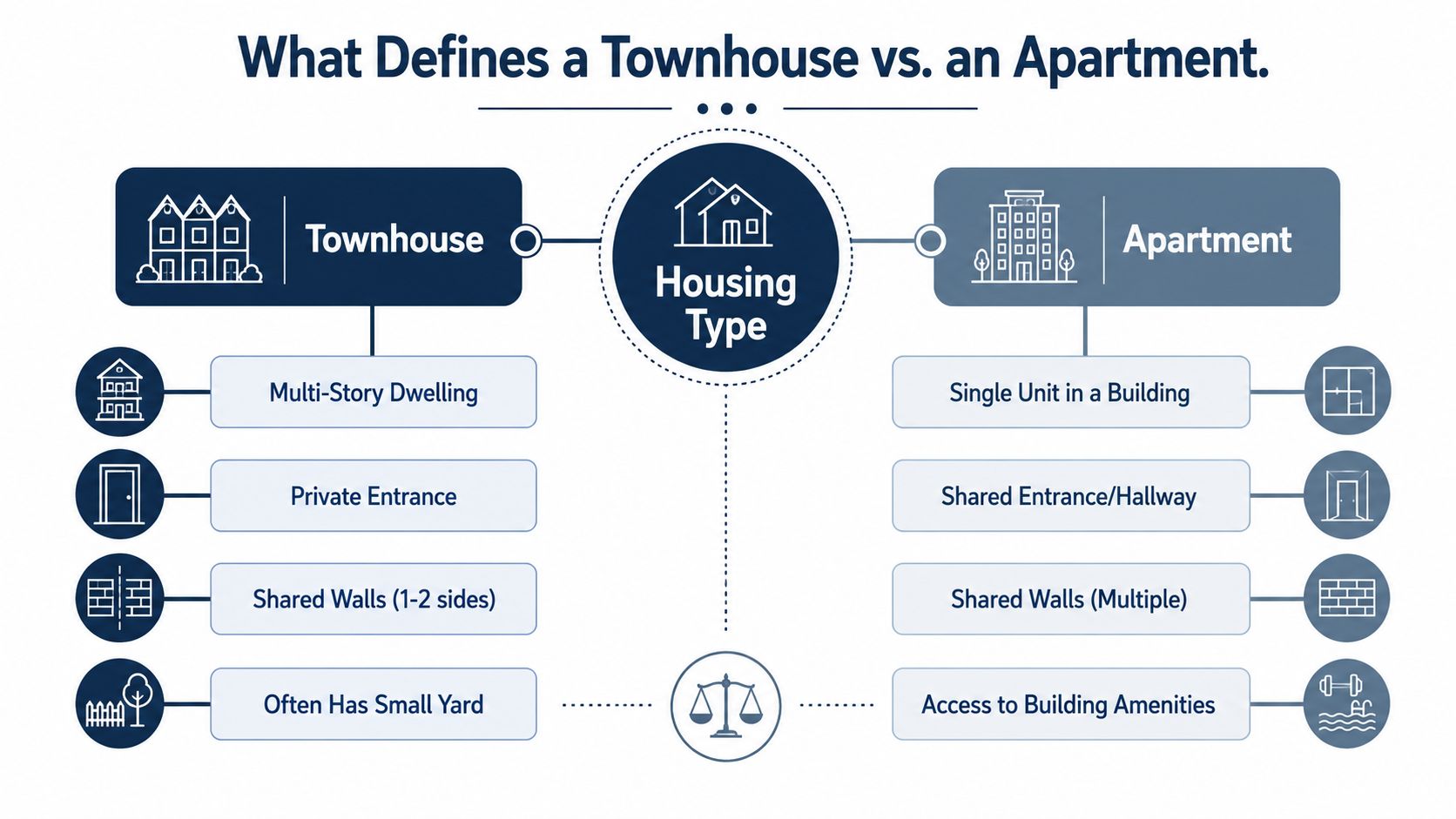 An infographic comparing key characteristics of townhouses versus apartments, illustrating structural and accessibility differences.