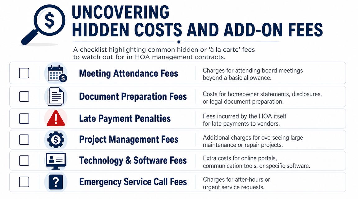 A checklist infographic titled Uncovering Hidden Costs and Add-on Fees for HOA management contracts.