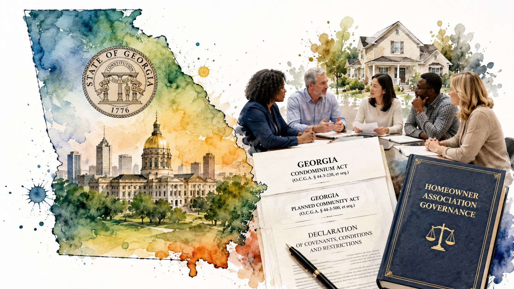 A group of people sitting around a table with legal documents about Georgia homeowner association laws.