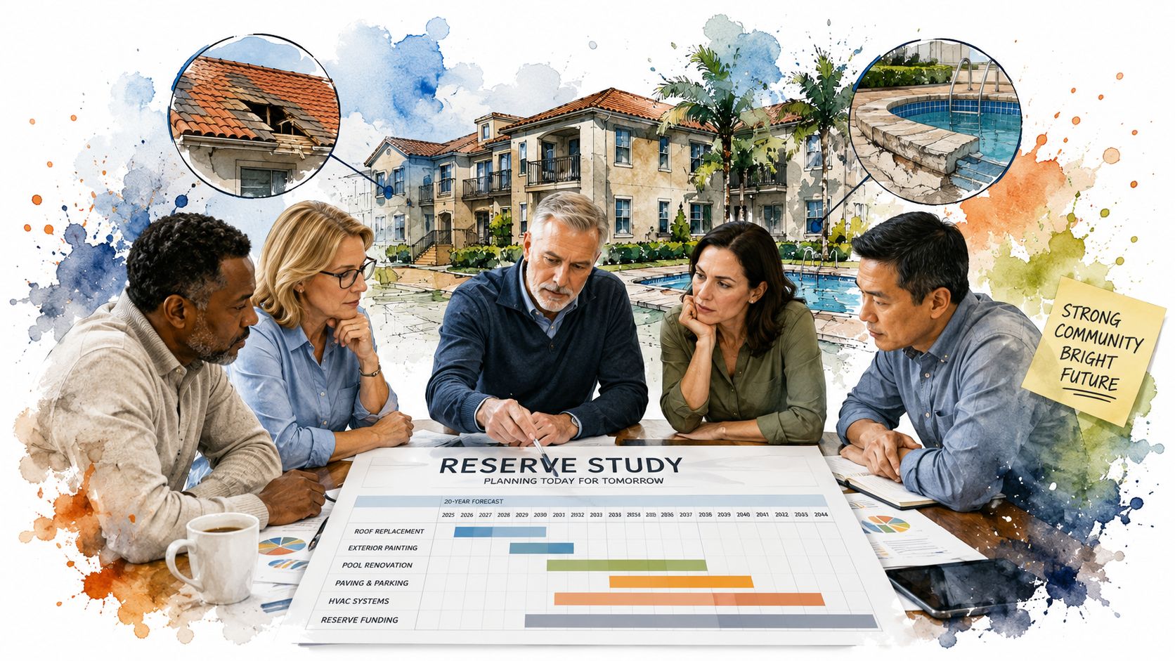 A diverse group of homeowners association members reviewing a reserve study document at a table.