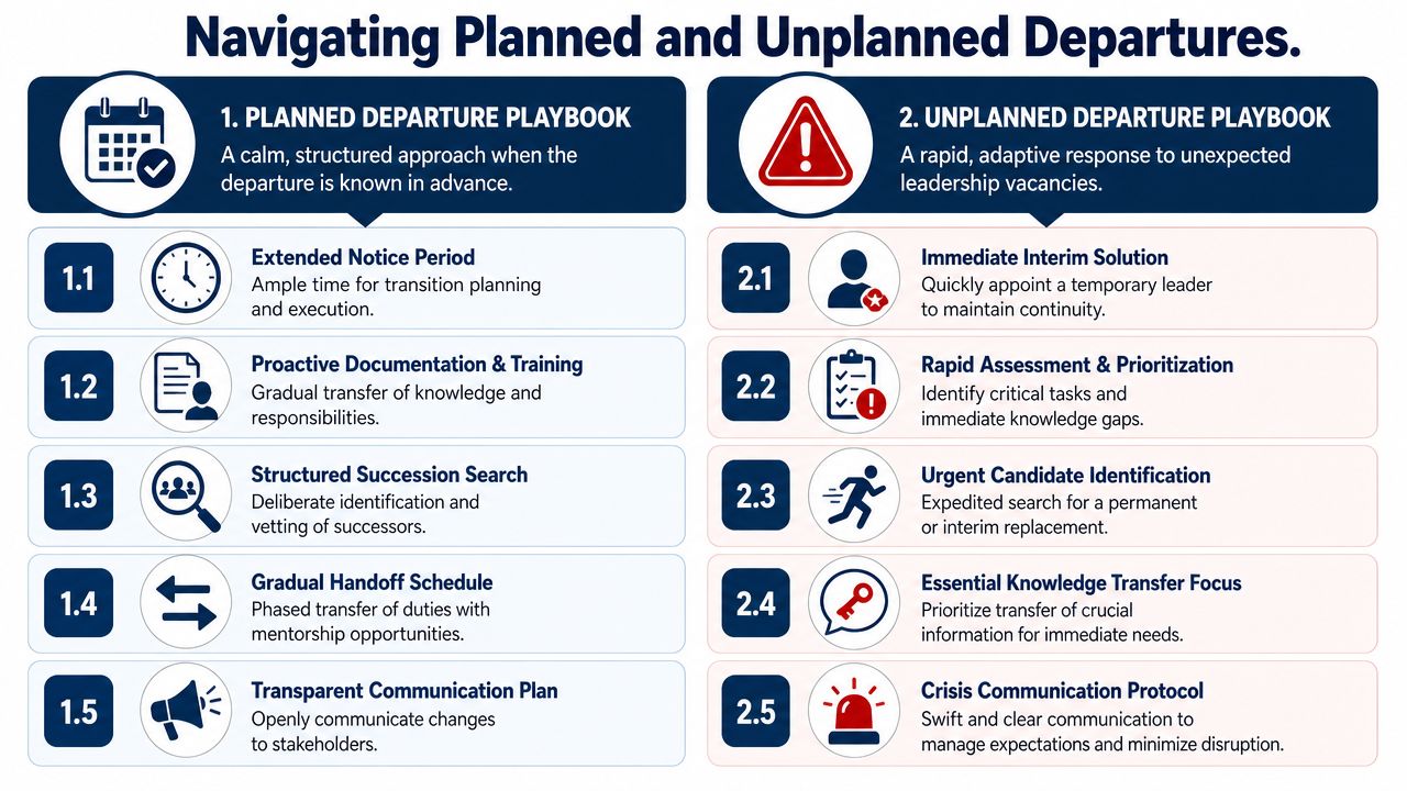 A comparison chart outlining structured strategies for managing both planned and unplanned leadership departures in a business.