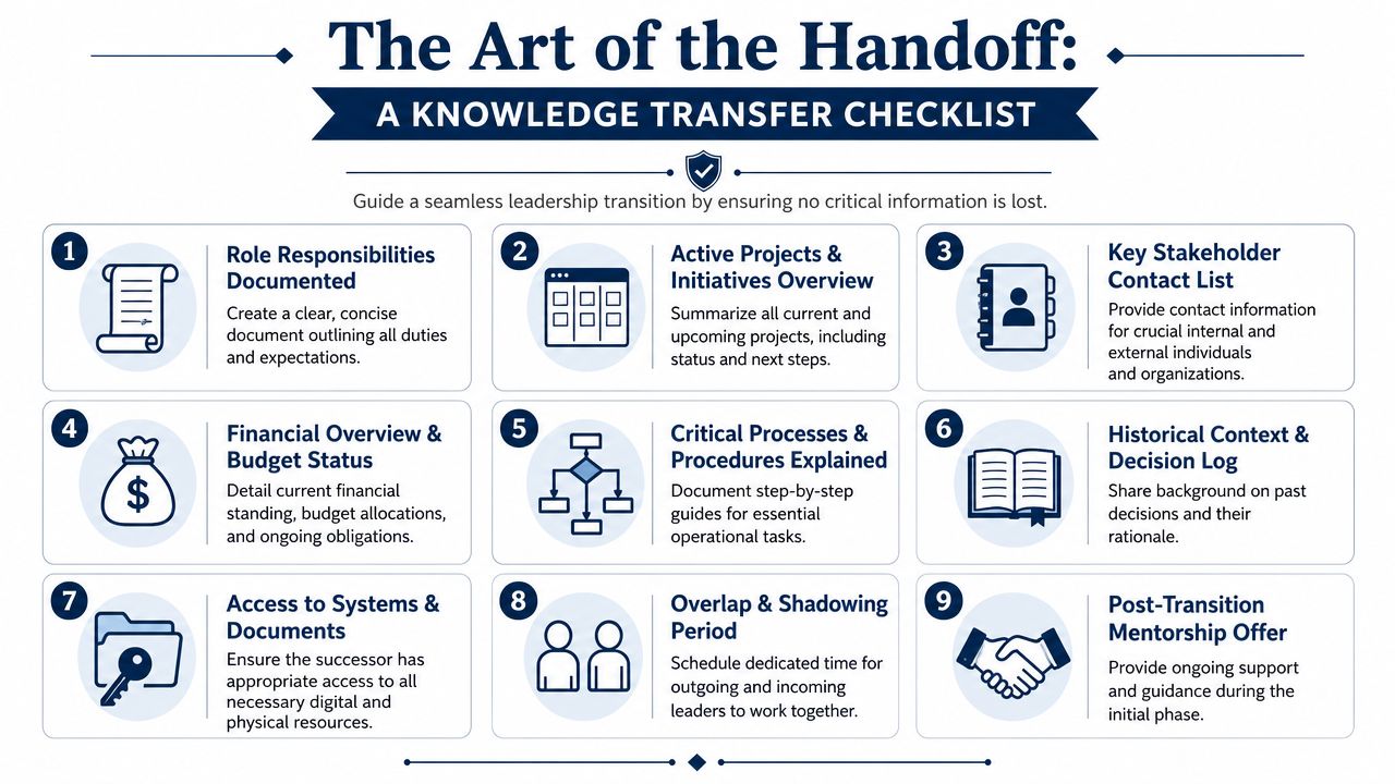 An infographic titled The Art of the Handoff illustrating a nine-point knowledge transfer checklist for leadership transitions.